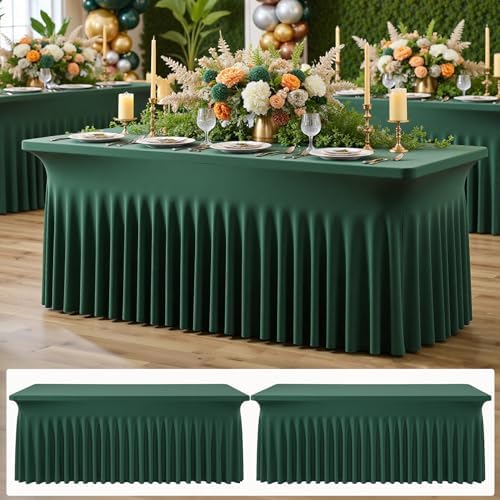 2 pk Hunter Green Spandex Tablecloth for 6 Foot Rectangle Tables, Wrinkle Free Fitted Spandex Table Covers 6ft Green Stretch Table Cloths with Ruffle Skirt for Parties Weddings Banquet Baby Shower by ENJOYYOURPARTY