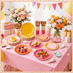 Mimorou 342 Pcs Pink Orange Yellow Party Supplies Pink and Orange Tableware Paper Disposable Plates Napkins Cups Plastic Tablecloth Triangle Banner for Fall Tropical Tequila Sunset Party Decorations - Image 5