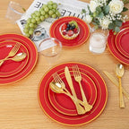WDF Partyware 175 Pieces Red Plastic Plates with Gold Rim Include Dinner Plate 10" Dessert Plate 7" gold Cups 9 OZ, Pre Rolled Napkins 25 of each type for Wedding/Party/Birthday - Image 3