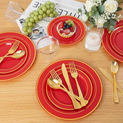WDF Partyware 175 Pieces Red Plastic Plates with Gold Rim Include Dinner Plate 10" Dessert Plate 7" gold Cups 9 OZ, Pre Rolled Napkins 25 of each type for Wedding/Party/Birthday - Image 3