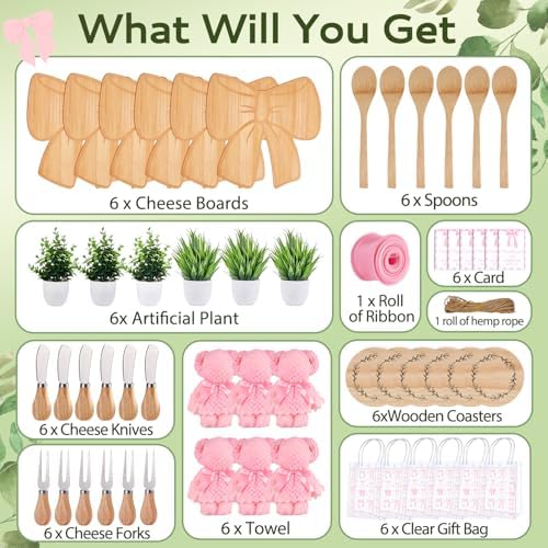 56Pcs Baby Shower Prizes for Game Winners Bamboo Cheese Board Fork Butter Spreaders Coasters Towel Artificial Potted Plant Gift Bag for Baby Shower Bridal Shower Favors (6 Sets, Bamboo Bow Shaped) - Image 4