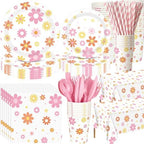 Funnymoom 452 Pcs Groovy Daisy Party Decorations for 50 Guest, Boho Daisy Paper Plates Cups Napkins Tablecloth Cutlery Straws Hippie Tableware Set for Retro Hippie Birthday Baby Shower Party Supplies by Funnymoom