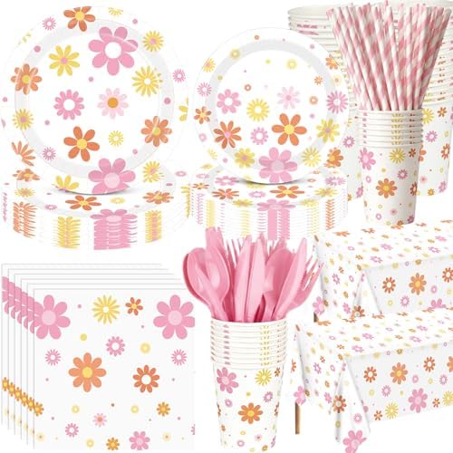 Funnymoom 452 Pcs Groovy Daisy Party Decorations for 50 Guest, Boho Daisy Paper Plates Cups Napkins Tablecloth Cutlery Straws Hippie Tableware Set for Retro Hippie Birthday Baby Shower Party Supplies by Funnymoom