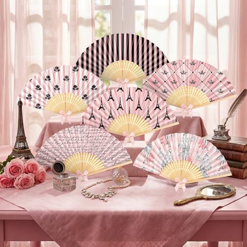 Roowest 36 Pcs Paris Themed Party Favor Folding Hand Fan Bulk Pink Stripes Eiffel Tower Paper Bamboo Handheld Fan with Bow French Pattern Folding Fans for Birthday Baby Shower Party Wedding Supplies - Image 5