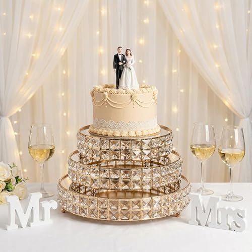 Goaste 3 Pack Crystal Cake Display Stand with Mirror, 14" 12" 10" Metal Pedestal Gold Round Cake Plate Stand, Dessert Cookies Fruit Serving Tray with Shining Crystal Beads for Wedding, Birthday Party - Image 6