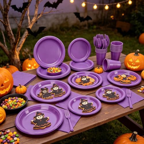 250Pcs Purple Plastic Party Plates and Napkins Set for Birthday, Halloween - Image 4