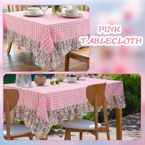 Moukeren Pink Gingham Ruffled Tablecloth Rectangular Cotton Linen - Image 3