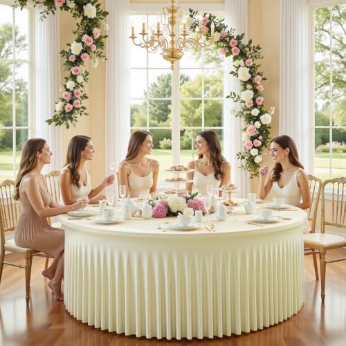 2 Pack Ivory Round Spandex Tablecloths, 5FT/60In Stretchy Table Cloth with Skirt, Washable Fitted Tablecloth, Circle Wrinkle Free Table Cover for Wedding Party Dining Banquet Event - Image 2