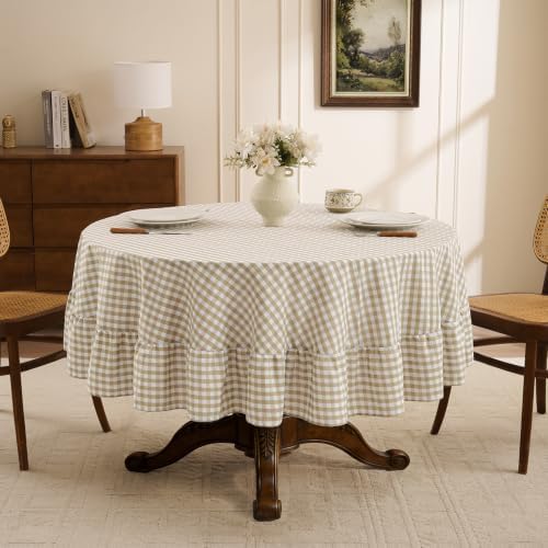 Romanstile Gingham Ruffled Round Tablecloth, 70 Inch, Taupe - Image 3