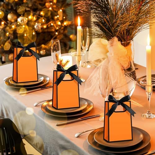 AmazingSpark 50 Pcs Orange Black Mini Gift Bags Bulk 6.3 x 3.9 x 2.8 Inch Party Favors Elegant Small Gift Bags with Handles and Ribbon Bows for Wedding Birthday Bridal Baby Shower Party Favors - Image 5