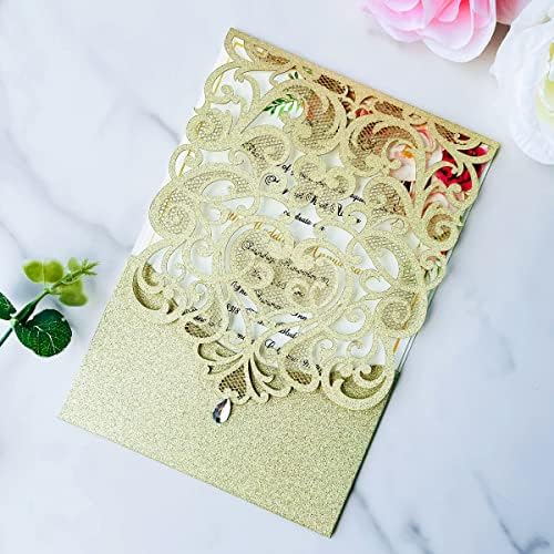Hosmsua 50PCS Personalized Wedding Invitations Kit 5.12 x 7.3 Laser Cut Hollow Rose Rhinestone Pocket with Envelope for Wedding Quinceanera Invite (Champagne Gold Glitter) - Image 2
