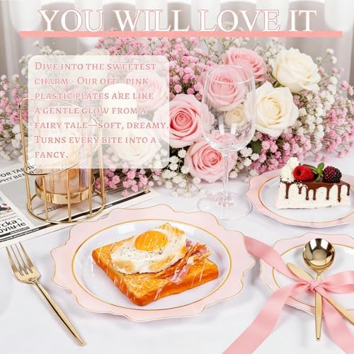 WDF 100PCS Pink Plastic Plates - Heavy Duty Pink and Gold Disposable Plates - Include 50 Dinner Plate and 50 Cake Plastic Plate for Valentine's Day, Wedding, Bridal Shower, Tea Party (Pack of 2) - Image 2