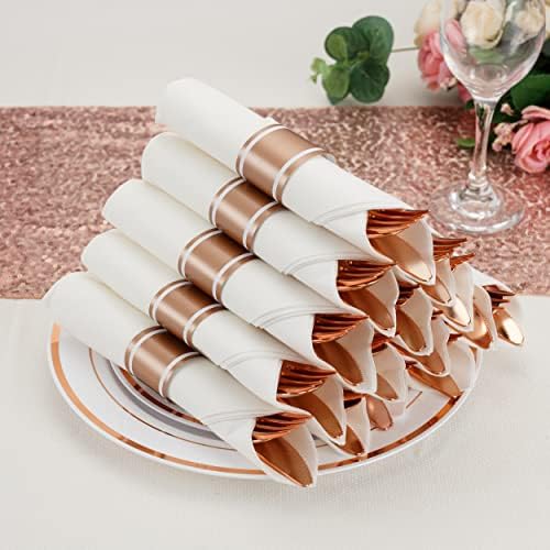 50 Pack Pre Rolled Rose Gold Plastic Silverware Set with Napkins,Disposable Wrapped Heavy Duty Cutlery Set for Wedding Birthday Party-50 Forks,Knives,Spoons,Utensils Set,Plasticware Bulk - Image 2