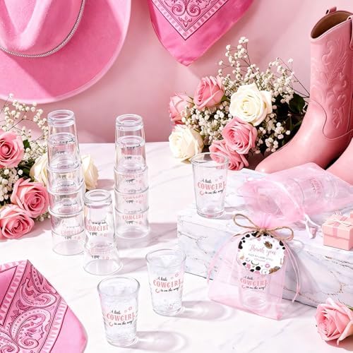 Funnymoom 50 Sets Cowgirl Baby Shower Favors for Guests Souvenir A Little Cowgirl is On The Way Acrylic Clear Shot Glasses Thank You Tags with Organza Bags for Wild West Rodeo Theme Birthday Party - Image 2