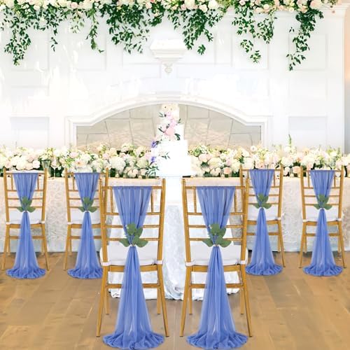 QueenDream Dusty Blue Sashes Wedding Chair Decorations: 50PCS Tulle Cover Bands Aisle Sheer Chair Bows for Birthday Party Banquet - Image 6