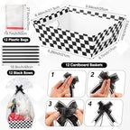 ForraFun 12 Pcs Checkered Baskets for Gifts Empty with Plastic Bag Ribbon Bow 8x10'' Black and White Cardboard Gift Wrapping Basket with Handle for Racing Themed Party Decorations Birthday Supplies - Image 2