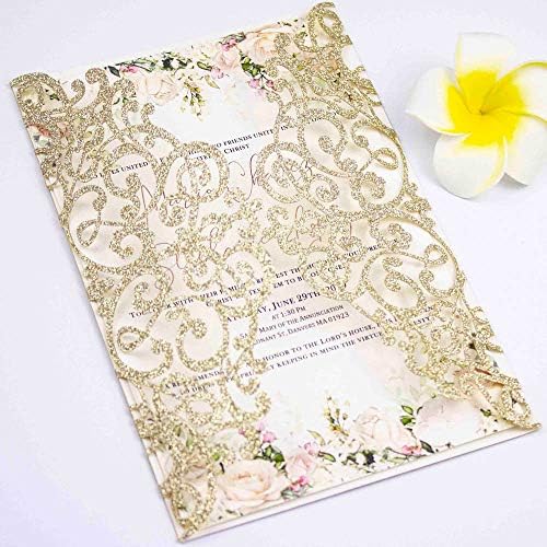 50pcs 5x7 Wedding Invitations Cards Laser Cut Pocket only, No Envelope,No Insert for Wedding Bridal Shower Engagement Birthday Invite (Champagne Gold Glitter) - Image 5