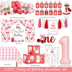 Hombae Cherry First Birthday Decorations – 125 PCs Cherry Themed 1st Birthday Party Supplies with Backdrop, Balloon Garland, Banner, Balloon Boxes, Number 1 Foil Balloon, Cake Topper - Image 2