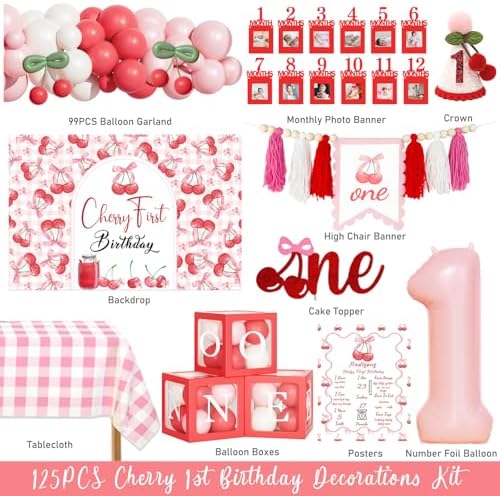 Hombae Cherry First Birthday Decorations – 125 PCs Cherry Themed 1st Birthday Party Supplies with Backdrop, Balloon Garland, Banner, Balloon Boxes, Number 1 Foil Balloon, Cake Topper - Image 2