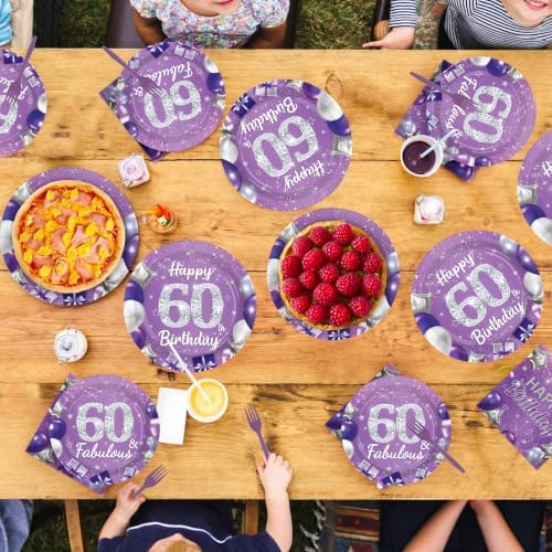 96Pcs Purple and Silver 60th Birthday Party Decorations for Women Serves 24 - Image 7