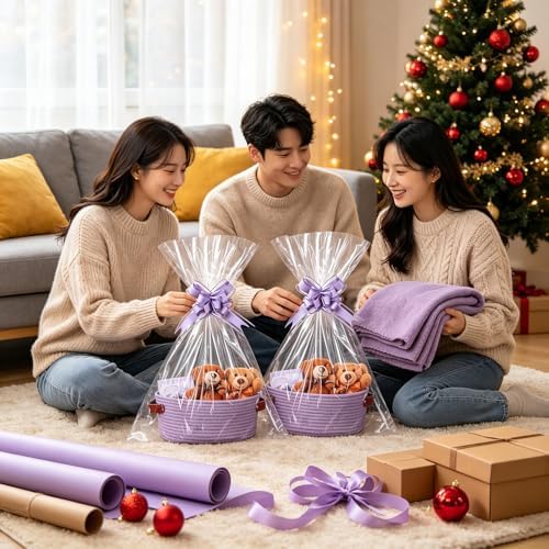 Empty Gift Basket Kit, 2-Pack Woven Storage Bin with Leather Handles Clear Cello Bags Pull Bows for Wrapping Presents Baby Shower Holiday - Image 4