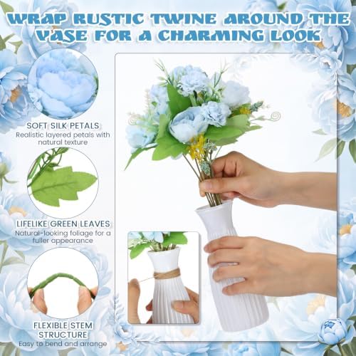 12 Set Artificial Hydrangea Peony Flowers with Vase, Blue - Image 3