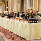 Wish Care 21ft Champagne Satin Long Table Skirt for Rectangle Tables Wrinkle Free Teacher Desk Skirt Glitter Ruffle Table Skirting Cloth for Back to School Classroom Office Birthday Party Table Decor - Image 2