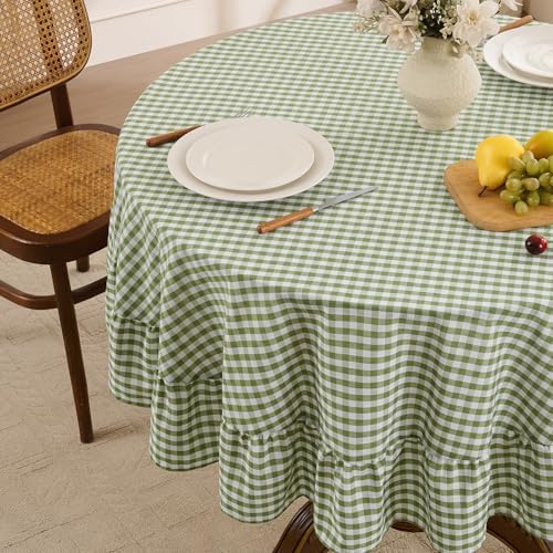 Romanstile Gingham Ruffled Round Tablecloth, 70 Inch, Sage Green - Image 2