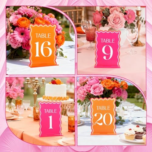 Wedding Acrylic Table Number 1-20 with 20Pcs Stands Pink & Orange, 5"x7" Elegant Place Card Centerpiece Decorations for Indoor Outdoor Wedding Bridal Shower Anniversary Party Reception - Image 3