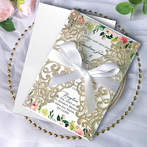 ponatia 25PCS 5.12 x 7.1 '' Champagne Glitter Laser Cut Wedding Invitations Cards with Envelopes for 5x7 Invitation Cards Wedding Baby Bridal Shower Engagement Sweet 16 Birthday Invite - Image 3