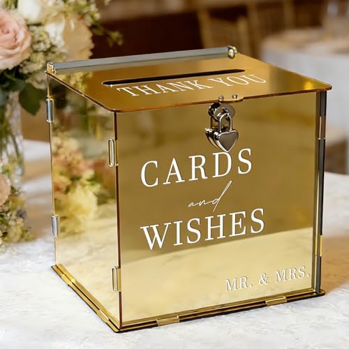 Acrylic Gold Card Box with Slot & Lock, Metallic Golden Classy Wedding Card Boxes for Reception, Large Money Gift Cards Box for Party Engagement Bridal Shower Luxury Wedding Table Decor by SOFARKKTPARTYCARDBOX