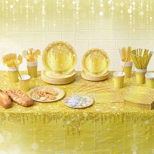 Funnymoom 452 Pcs Gold Birthday Party Decorations Include Golden Diamond Paper Plates and Napkins Cups Tablecloth Cutlery Straws Glitter Disposable Tableware for Birthday Anniversary Wedding - Image 5