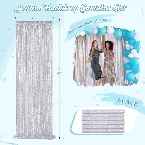 Silver Sequin Backdrop Curtains Drapes 6 Pieces 2ftx8ft Sparkly Christmas - Image 4