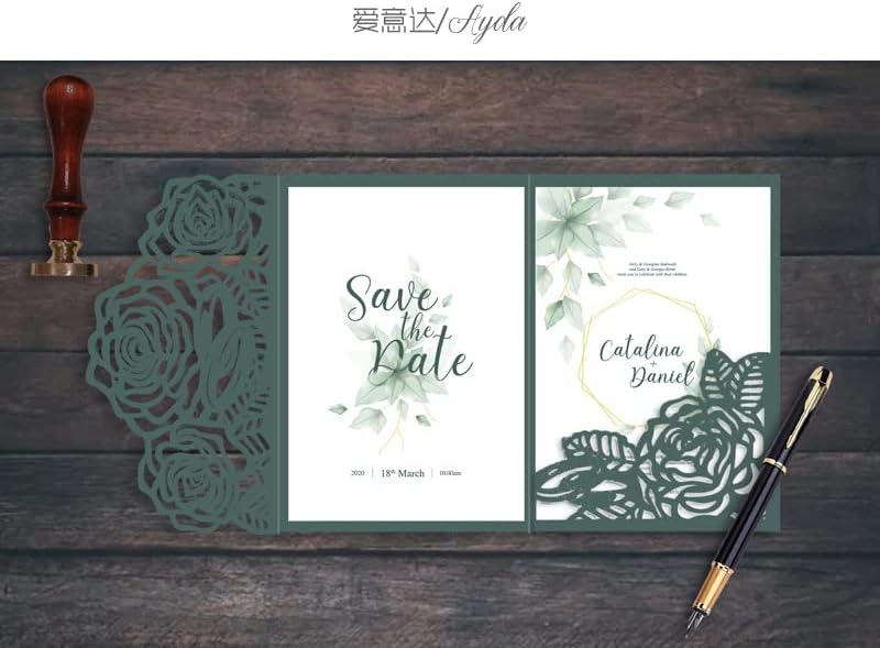 50sets Green Laser Cut Wedding Invitations Card Rose Greeting Cards Envelopes Invitation for Wedding Birthday Baby Graduation Party Supplies (Only invitation cards, Green) - Image 4