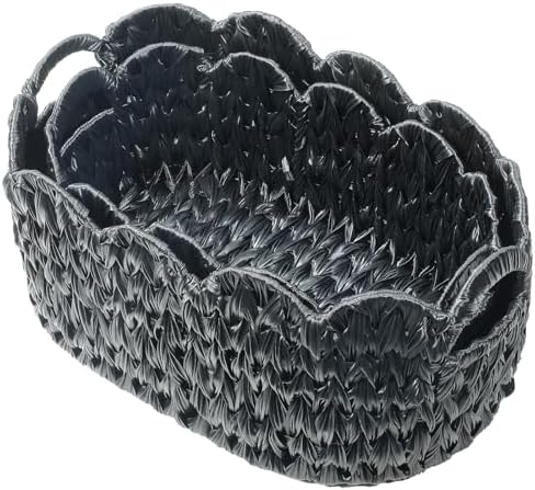 Coeusy Wicker Scalloped Basket Set of 2,Woven Storage Baskets for Shelves,Closet,Laundry,Gift,Towels,Books,Toys,Waterproof Decor Basket for Organizing,Black Oval by WEAVECOMFORTINTOEVERYCORNER