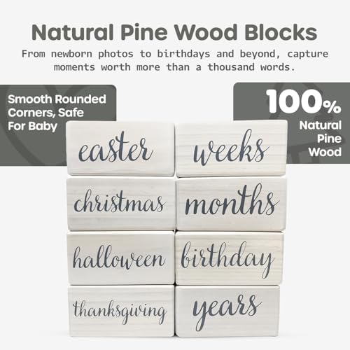 Pondering Pine Baby Milestone Blocks - Natural White Stain Pine Wood with Weeks Months Years Grade and Holidays, Newborn Weekly Monthly First Year Picture Props, 6 Block Milestones Age Set with Bag - Image 3