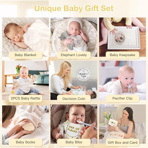 Baby Shower Gifts for Boys Girls, Baby Gifts Basket Newborn Blanket Rattle Toys Keepsake Pacifier Clip Infant Bibs Socks New Parent Decision Coin Greeting Card, Baby Gift Set Gender Reveal Essential - Image 2