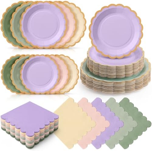 Zhehao 150 Pcs Pink Green Purple Paper Plates Napkins Serves 50 by Zhehao