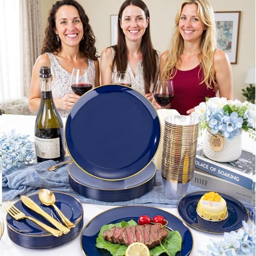 WDF 150pcs Blue plastic Plates - Navy Blue Plates Disposable 25guest Disposable Dinnerware Sets for Party/Wedding/Birthday - Image 6