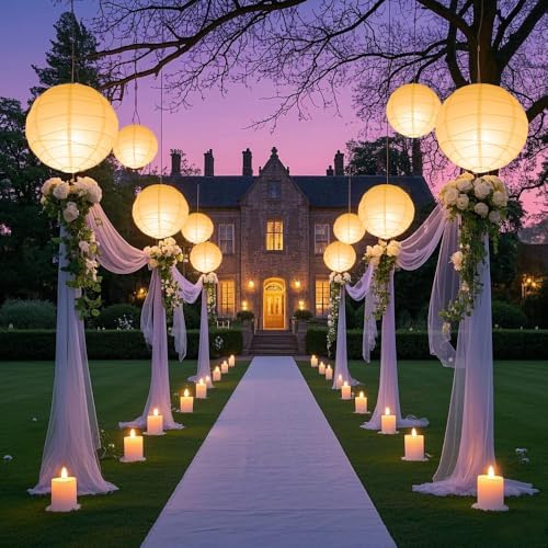 LIHAO 10’’ White Paper Lanterns with Lights, Chinese Lanterns Decorative for Party Decorations Wedding Anniversary Birthday Indoor Outdoor Home (Pack of 2) - Image 4