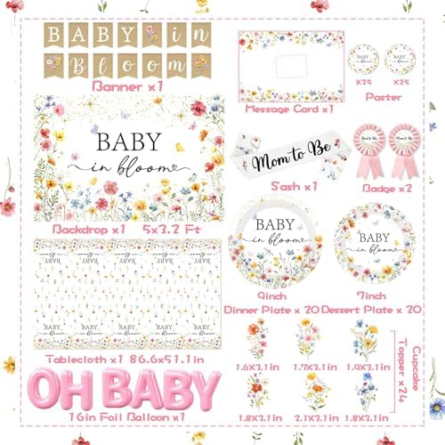 275Pcs Baby in Bloom Baby Shower Decorations for Girl Wildflower Baby in Bloom Disposable Paper Plates,Balloons Arch,Cake Topper,Backdrop,Cup,Tablecloth for Floral Baby Shower Party Decor Supplies - Image 3