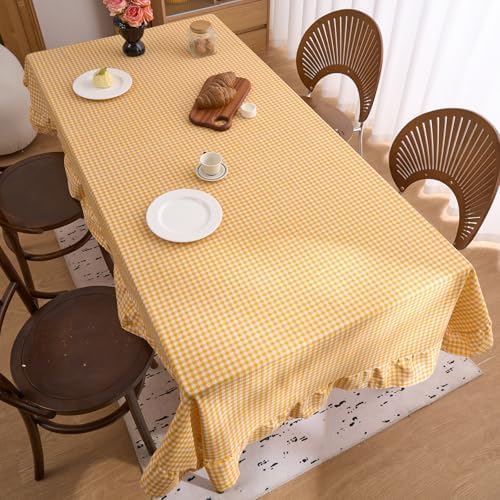 vctops Farmhouse Yellow Gingham Ruffle Table Cloth, Boho Cotton Linen Tablecloth, Washable Table Cover for Rectangle Table Baby Shower Kitchen Party Wedding Decor (Yellow,55"x86") - Image 4