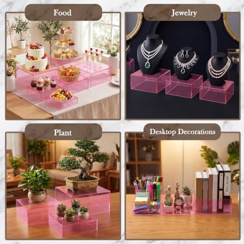 Geelin 6 Pcs Acrylic Risers Cube Stands, Clear Pink, 7 to 12 Inch, Square - Image 6