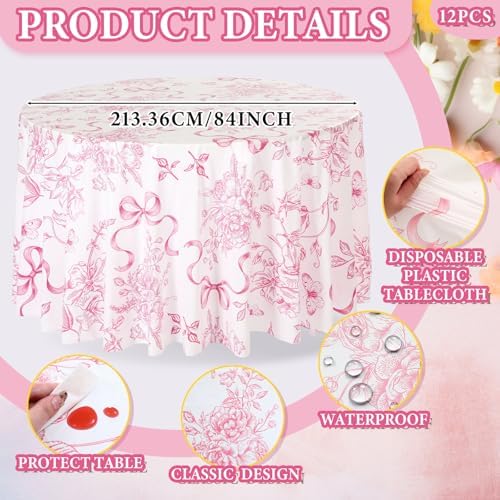 Ganeen 12 Pcs Pink Floral Bow Plastic Tablecloth 84 in Flower Round Vintage Tablecloth Disposable Round Waterproof Table Cover for Birthday Wedding Bridal Shower Baby Shower Tea Party Decoration Party - Image 4
