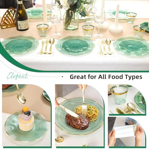 175PCS Green Plastic Plates with Gold Rim, Disposable Party Plates - Image 6