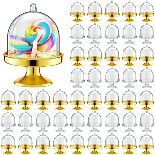 Tessco for you 48 Pcs Plastic Mini Cake Stand with Dome Lid,Gold, Clear by Tessco