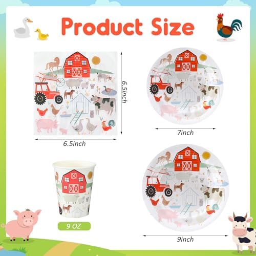 FoldTier 100 Pcs Farm Animal Theme Party Plates Set, Including 25 Pack 9 Inch and 7 Inch Farm Paper Plates, 25 Disposable Napkins and 25 Paper Cups, Fit for Birthday Decorations, Baby Showers - Image 2