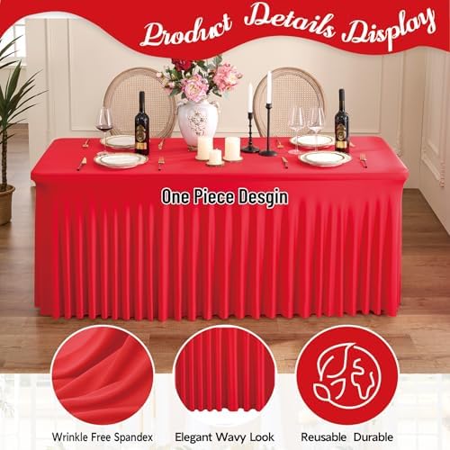 Spandex Tablecloth 8FT Rectangle Table Cover 4 Pack Red Wrinkle-Free - Image 2