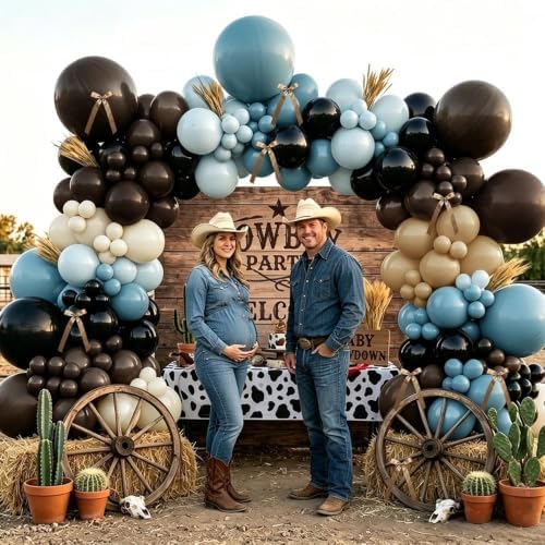 Blue Brown Balloon Garland Double Stuffed Dusty Blue Black Beige Balloons Tan Cream White Balloon Arch Kit With Ribbon Bows for Baby Shower Gender Reveal Wedding Western Birthday Party Decorations - Image 6