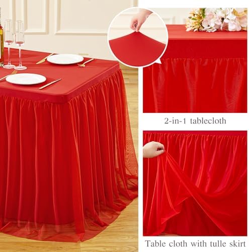 HB HBB MAGIC Red Table Cloth Spandex Table Covers 8ft Fitted Tulle Tablecloth Rectangular Desk Skirt Stretch Table Cloths Covers Party Banquet Birthday Baby Shower Wedding Table Cloth, 2 Pack - Image 4